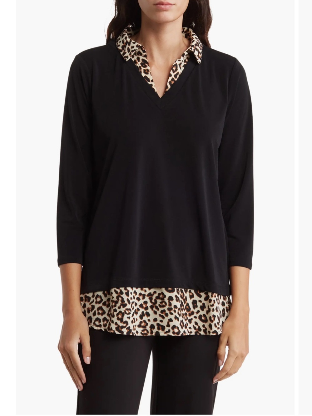 NWT Adrianna Papell Black Sweater with Leopard Trim, Size Large